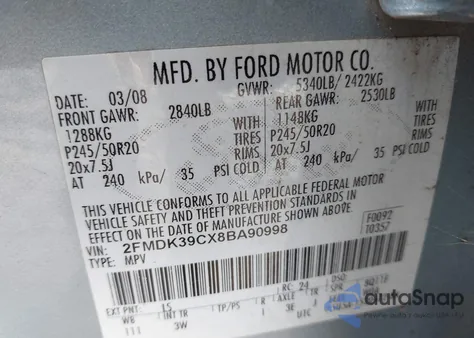 2008 Ford Edge Limited из США, поврежденный, VIN 2FMDK39CX8BA90998